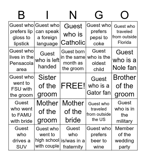 Wedding BINGO!  Bingo Card