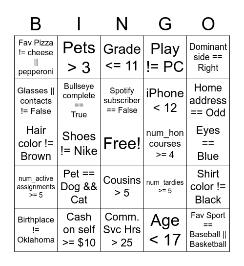 Boolean Bingo Card