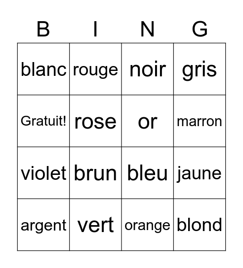 Les couleurs Bingo Card