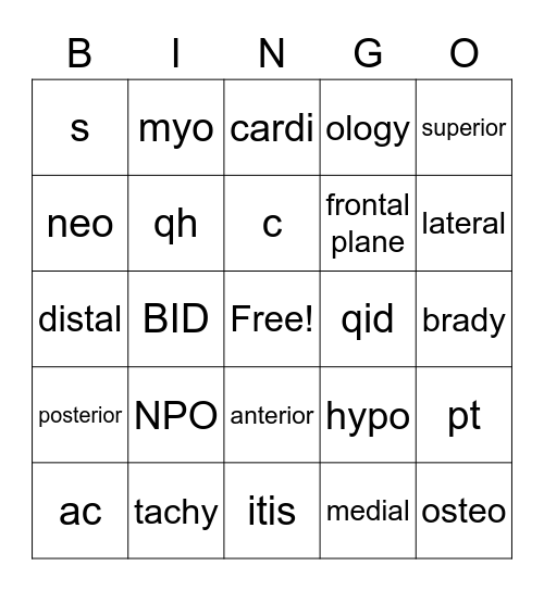 Med Term Review Bingo Card