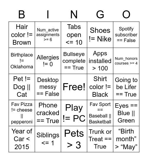 Boolean Bingo Card