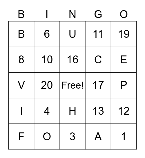 French Alphabet + Numbers 1-20 Bingo Card