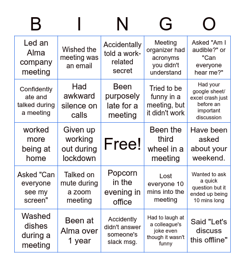 Bingo (WFH edition) Bingo Card