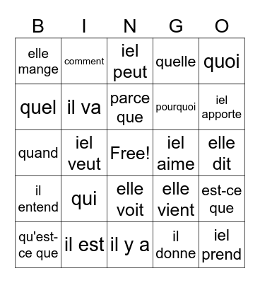 French High Frequency Verbs and Question Words Bingo Card