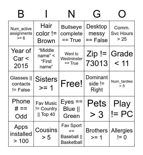 || ! && > = Boolean Bingo = < && ! || Bingo Card