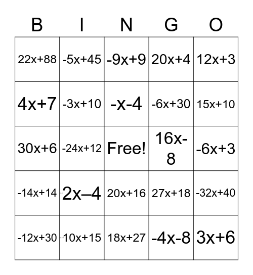 Distributive Property Bingo Card