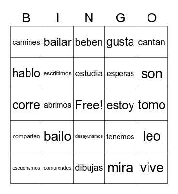 Regular verbs Bingo Card