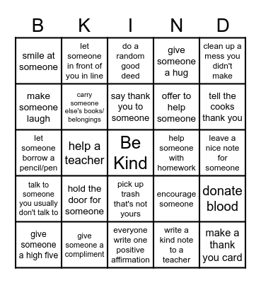 Acts of Kindness Bingo Card