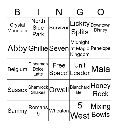 Kasey's Bridal Shower Bingo Card