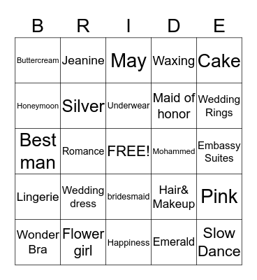 Jeanine's Bridal Shower Bingo Card