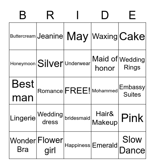 Jeanine's Bridal Shower Bingo Card