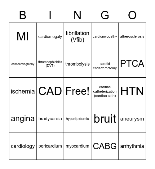 Cardiovascular Terms Bingo Card