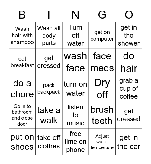 Stephanie's List on how to take a shower Bingo Card