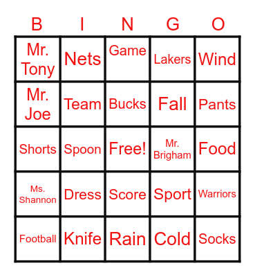 Spelling Word Bingo Card