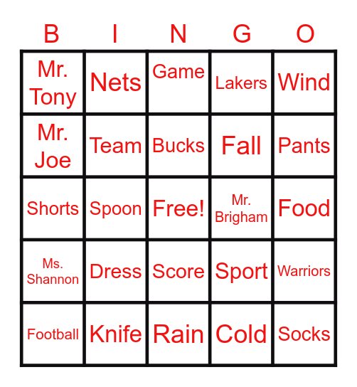 Spelling Word Bingo Card