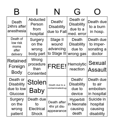 Bingo Adverse Events Bingo Card