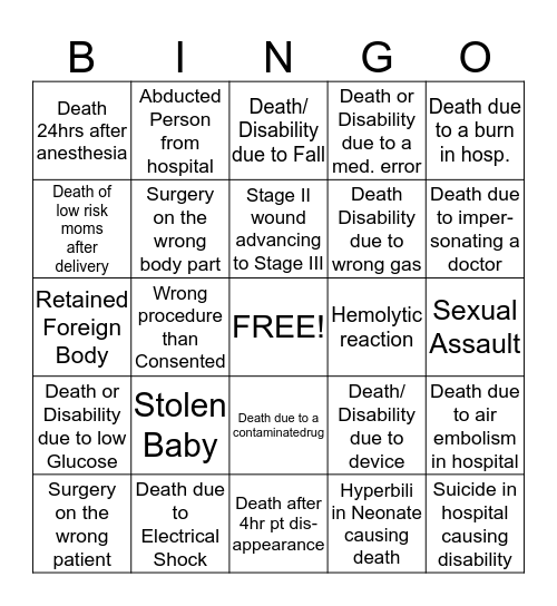 Bingo Adverse Events Bingo Card