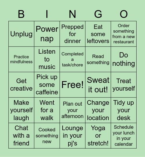 Lunch Time Bingo Card