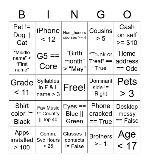 Boolean Bingo Card