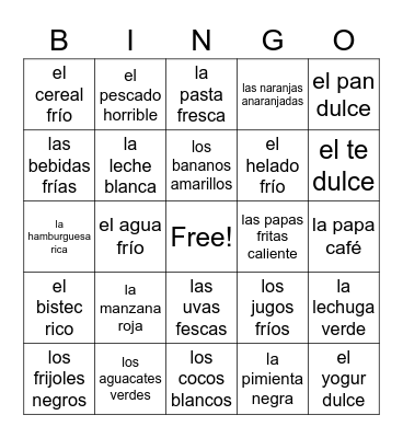 spanish food bingo Card