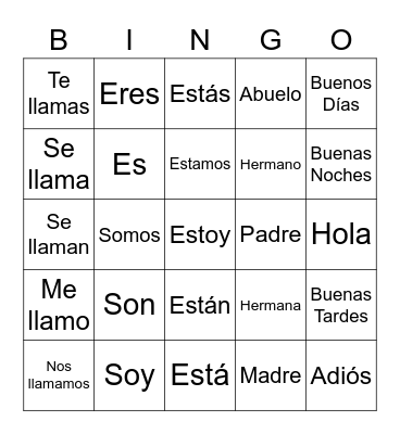 Spanish Verb/Vocab Bingo Card