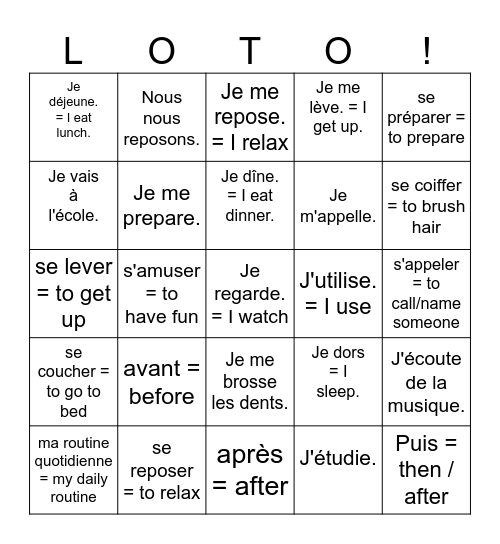 Ma Routine Quotidienne = My daily routine Bingo Card