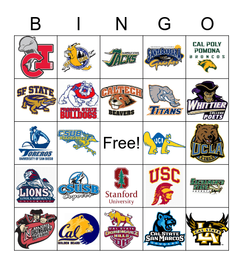 California College Mascots Bingo Card