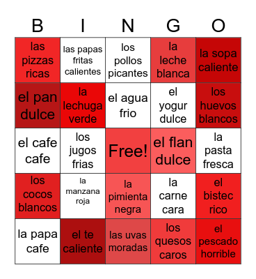 Spanish bingo Card