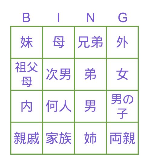 J2U2 family (kanji-Eng) Bingo Card