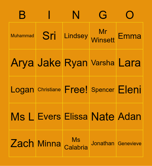 Class 13 Bingo Card