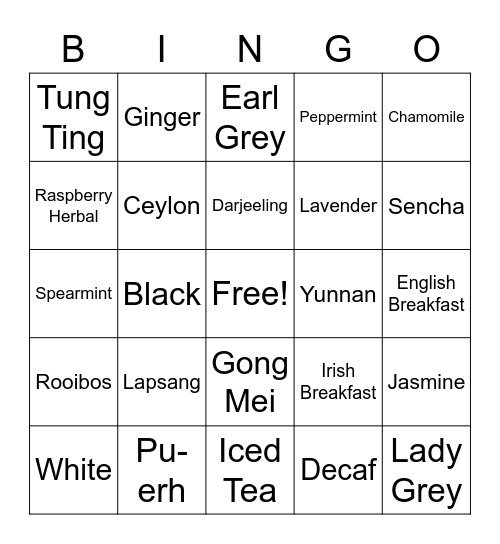 Types of Tea Bingo Card