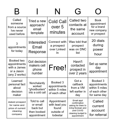 Jan-Pro Inside Sales Bingo Card