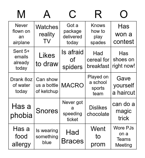 Macro Team Bingo 2 Bingo Card