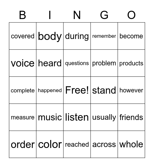 Sight Word Bingo Card