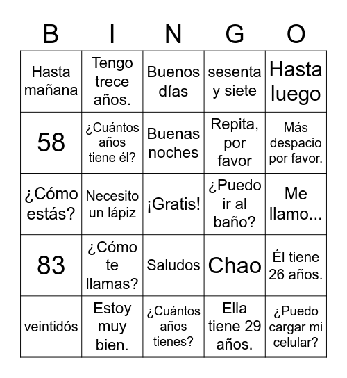 ESPAÑOL Bingo Card