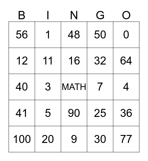 MATH BINGO Card