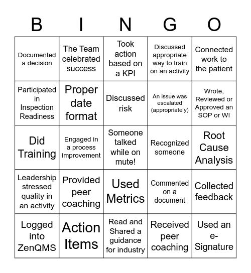 Quality Bingo Card