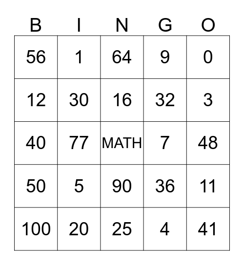 MATH BINGO Card