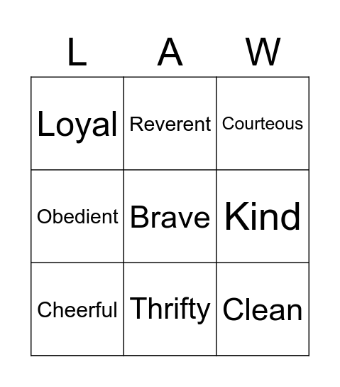 Scout Law Bingo Card