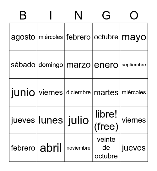 Días y Meses Bingo Card