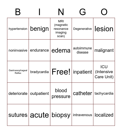 Health Terms Bingo Card