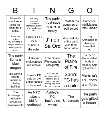 Critical Role Campaign 3 Bingo! Bingo Card