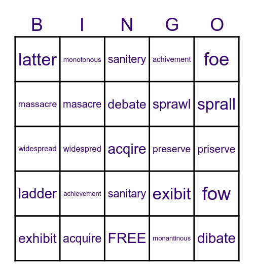 Unit 13 Spelling Bingo Card