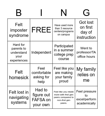 First Gen Experiences Bingo Card