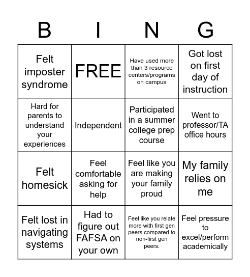 First Gen Experiences Bingo Card