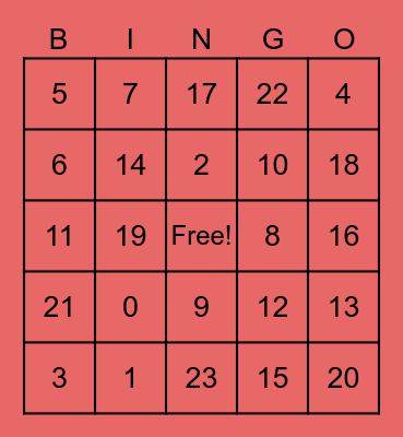 Mental Math Bingo Card