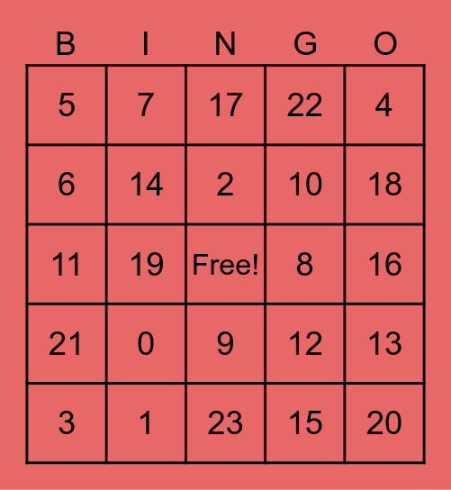 Mental Math Bingo Card