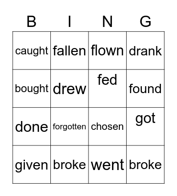 irregular verbs Bingo Card