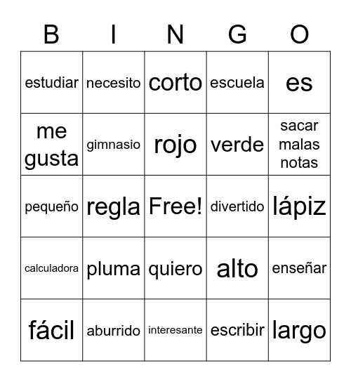 la escuela y unos adjetivos Bingo Card