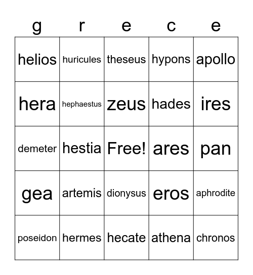 greek mythology Bingo Card